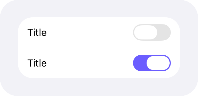 An illustration of two list rows, one with an active switch toggle and one with an inactive switch toggle. The active toggle is tinted purple with a custom switch color.