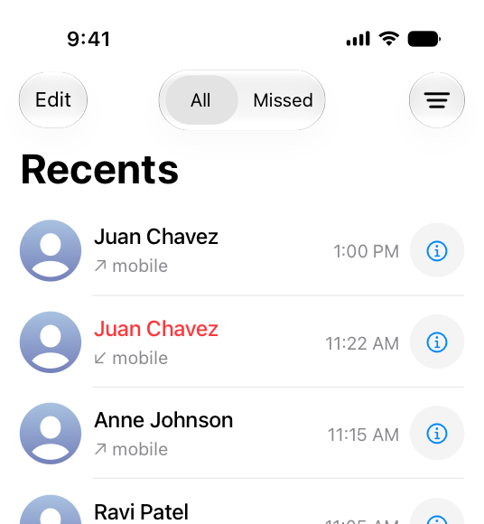A screenshot of the top half of the Phone app on iPhone, showing all recent calls. The filter button in the top trailing corner has no highlight, indicating that the toggle is inactive.