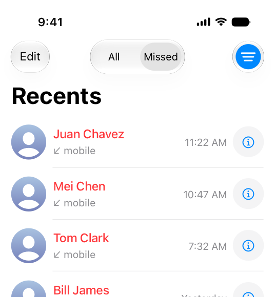 A screenshot of the top half of the Phone app on iPhone, showing the filtered list of recent missed calls. The filter button in the top trailing corner has a blue highlight, indicating that the toggle is active.
