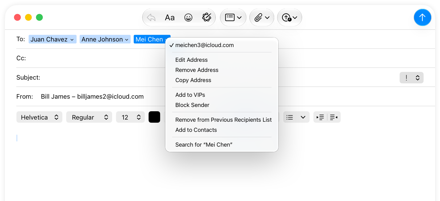A partial screenshot of a Mail compose window in which one recipient token reveals a menu of commands.