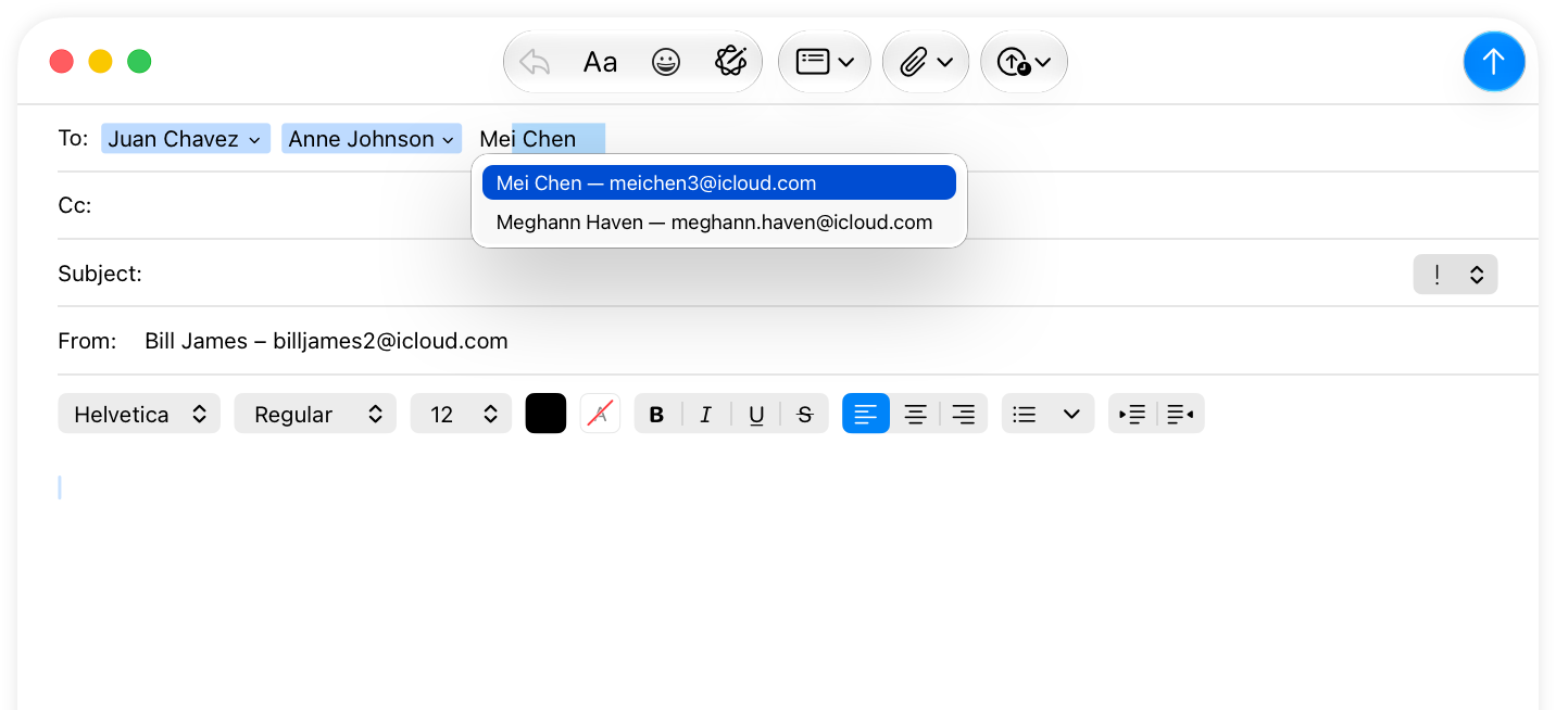 A partial screenshot of a Mail compose window in which tokens represent some recipients.