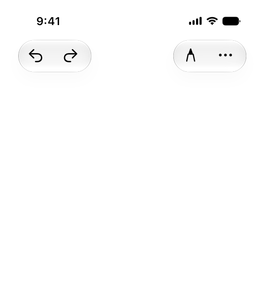 An illustration of a top toolbar on iPhone, with controls for back and forward grouped on the leading edge, and controls for tool selection and the More menu grouped on the trailing edge.