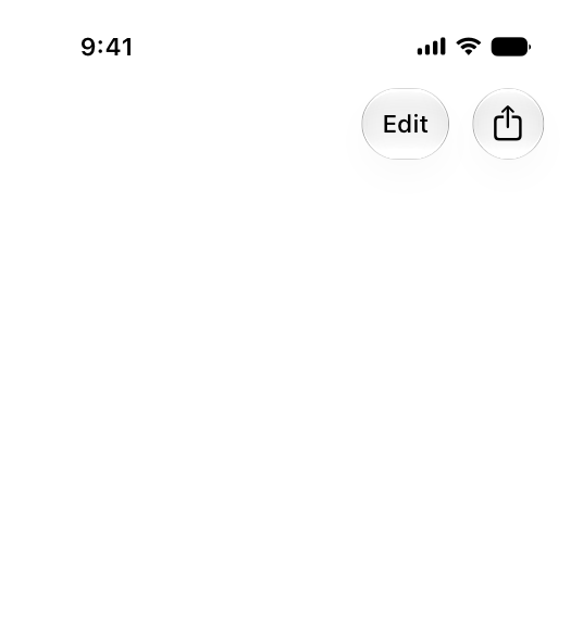 An illustration of a top toolbar on iPhone, with an Edit control with a text label and a Share control with a symbol grouped into individual sections on the trailing edge.