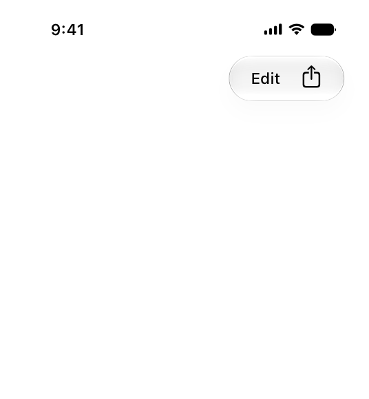 An illustration of a top toolbar on iPhone, with an Edit control with a text label and a Share control with a symbol grouped together on the trailing edge.