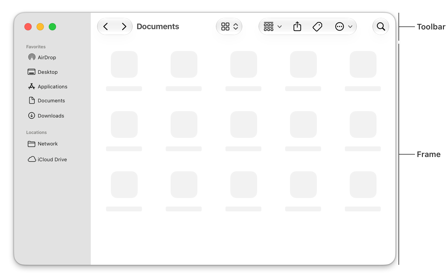 A diagram of a Finder window in macOS with callouts showing the location of the toolbar and the window frame.