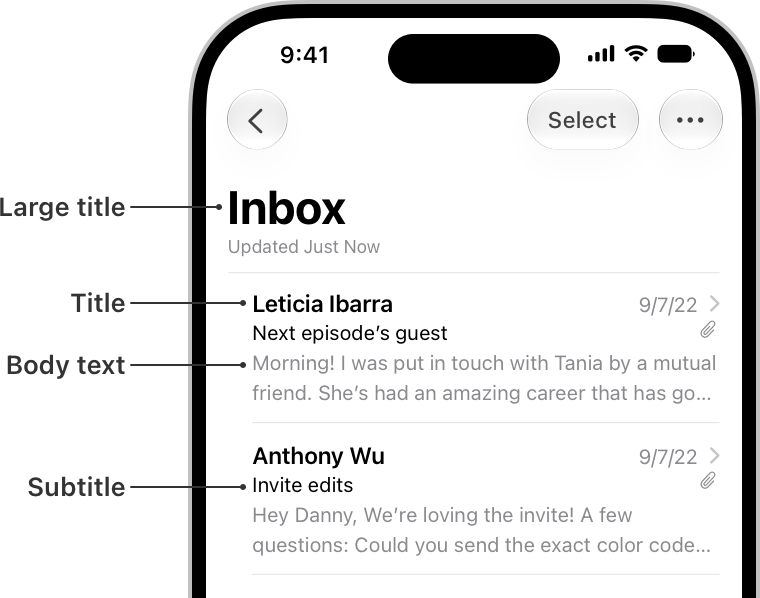 A partial iPhone screenshot of a Mail inbox, showing how text styles convey hierarchy. At the top of the screen, the word Inbox is in the large title text style. Below that, the email sender's name is in the title text style, the email subject is in the subtitle text style, and the preview of the email's content is in the body text style.