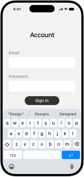 An illustration of an app layout on iPhone, showing two stacked text fields and a button above the keyboard.