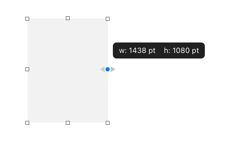 An illustration of a custom pointer hovering over a resize handle on the edge of a shaded rectangle. Above the pointer is a small annotation that displays the image’s width and height values against a dark background.