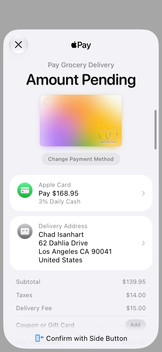 A screenshot of an in-app Apple Pay payment sheet for a variable subscription, which includes the text 'Amount Pending'.