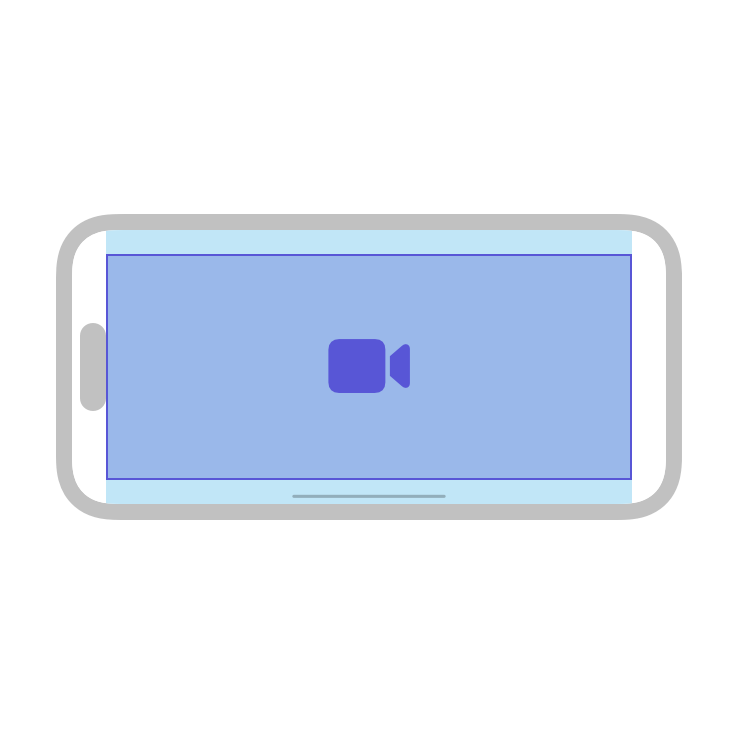 An illustration of iPhone in landscape orientation. A blue rectangle shows the AVKit safe area within the screen. Overlaying the safe area and extending to the top and bottom edges of the device is a purple rectangle representing the 21:9 video area, which doesn't include any embedded padding.