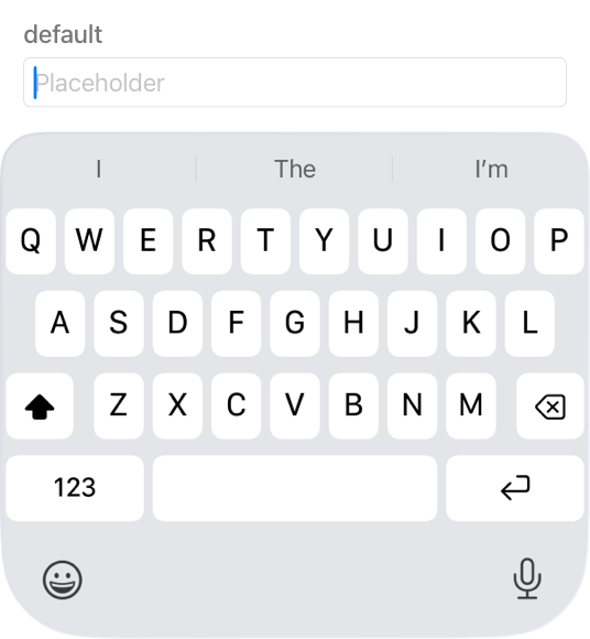 A partial screenshot of a keyboard on iPhone that displays all 26 letter keys in addition to the Shift, Delete, Numbers, Space, and Return keys. Typing suggestions appear above the keyboard and the Emoji and Dictation buttons appear below it.