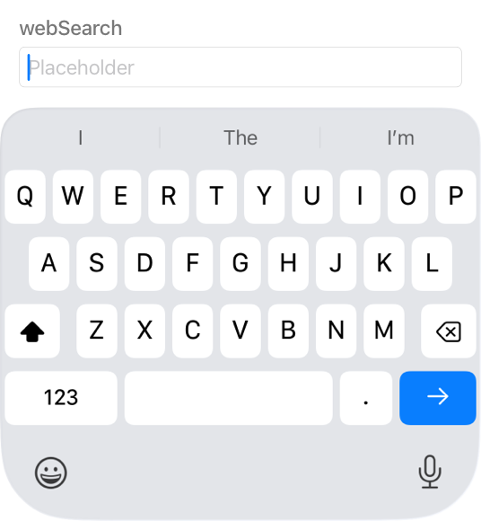 A partial screenshot of a keyboard on iPhone that displays all 26 letter keys in addition to the Shift, Delete, Numbers, Space, period, and Go keys. Typing suggestions appear above the keyboard and the Emoji and Dictation buttons appear below it.