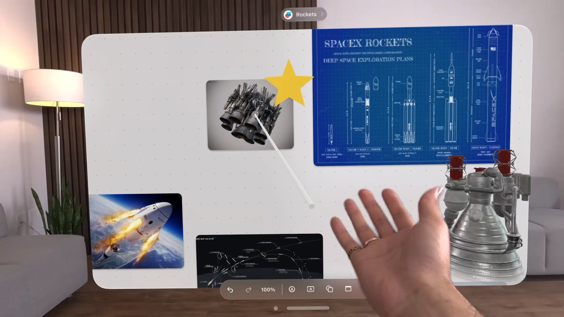 A recording of a person's hand using Pointer Control to interact with content in an app's visionOS window. A line with a pointer at the end extends from the person's hand. It changes position within the field of view as the person moves their hand.