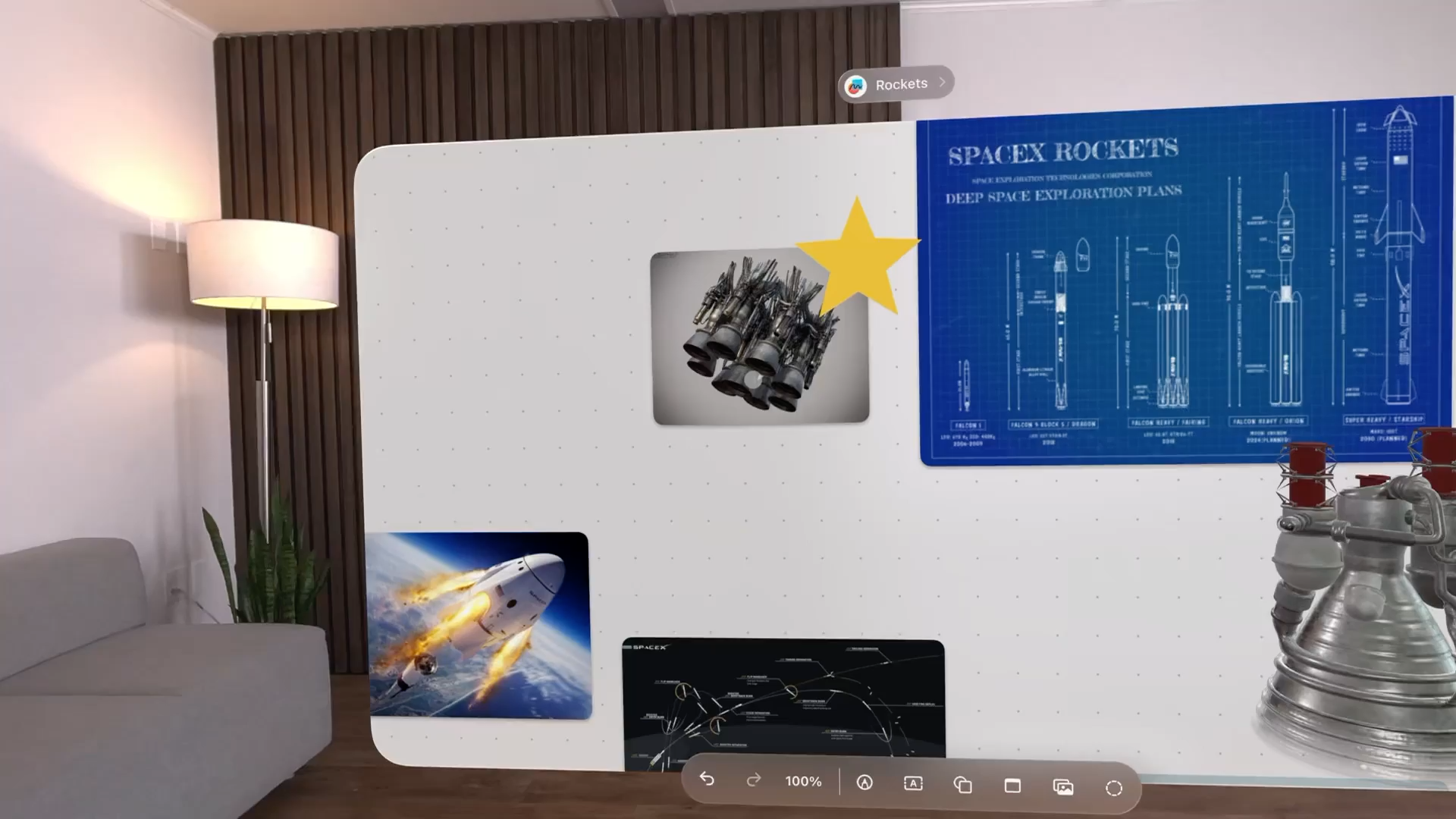 A recording of someone using Pointer Control to interact with content in an app's visionOS window. The person isn't visible in the recording. Only the pointer is visible. It's centered in the field of view, and the person uses their head movement to position content beneath the pointer.