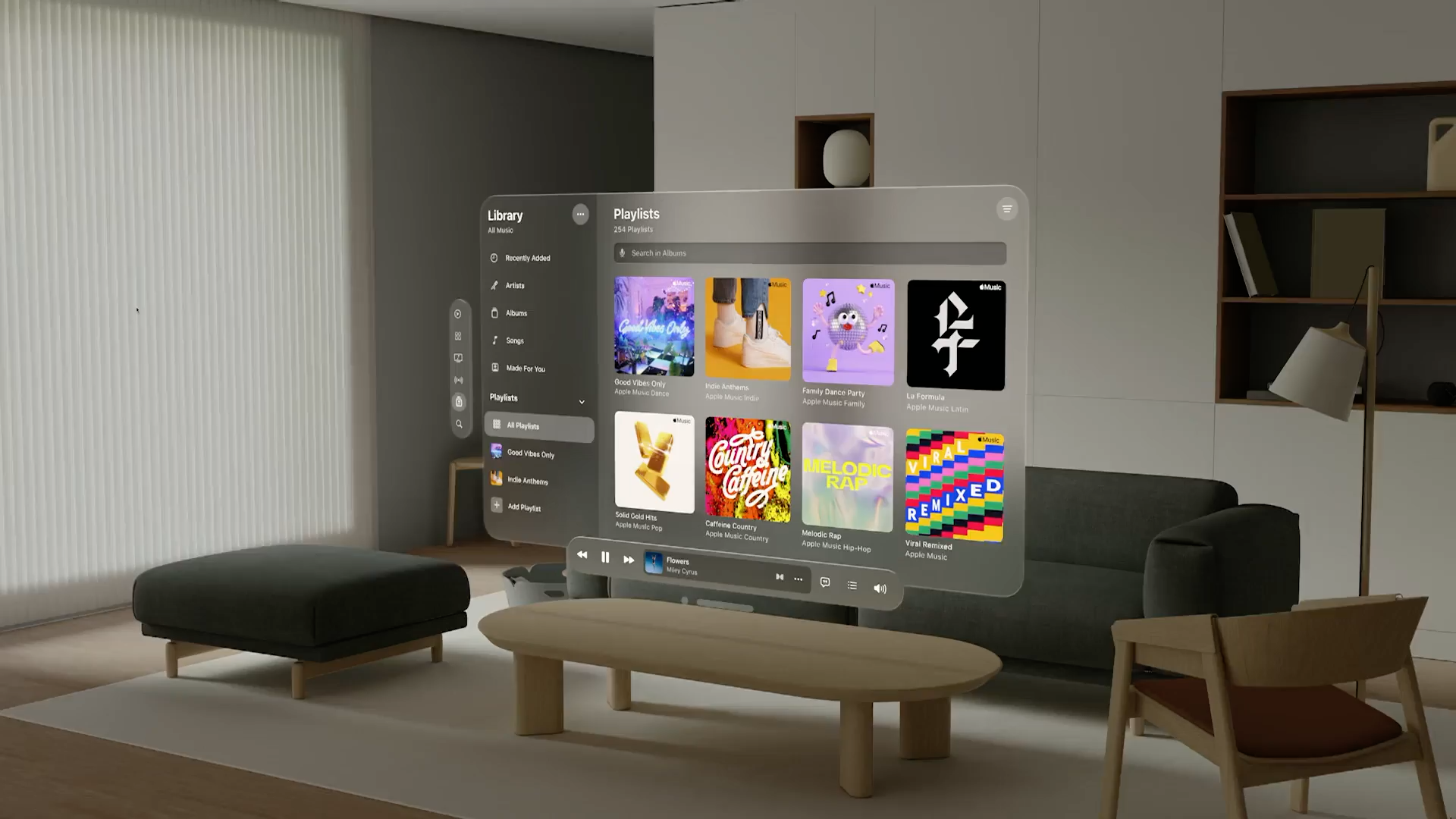 A recording of the Music app window in visionOS. The window uses the glass material and adapts as the viewing angle and lighting change.