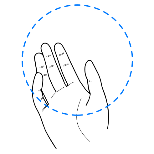 An illustration of a person's open hand with the palm facing upward. A dashed circular line above the hand indicates the area reserved for system overlays.