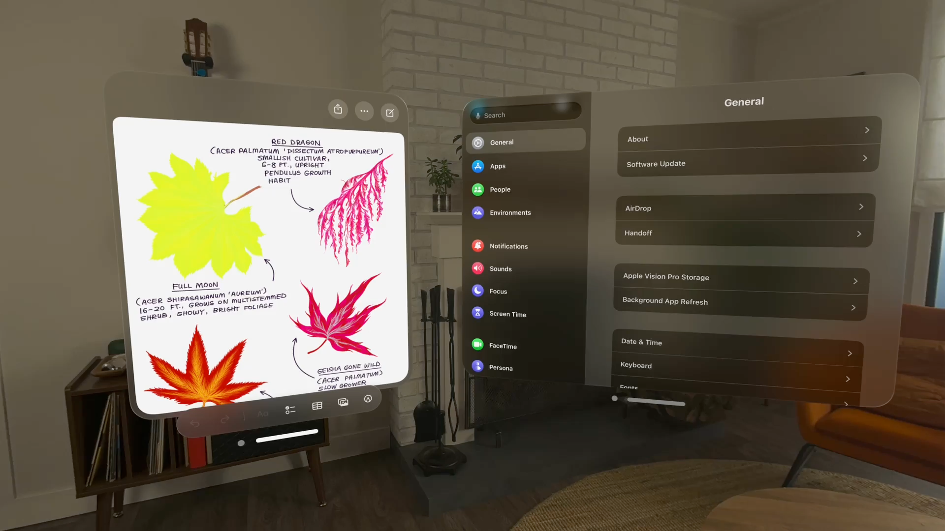 A recording showing the Notes app and the Settings app in the Shared Space in visionOS. The viewer first repositions the Notes window to slightly overlap the Settings window before activating Settings and then switching back to Notes. Each time an app becomes active, the system applies feathering to the inactive app's window.