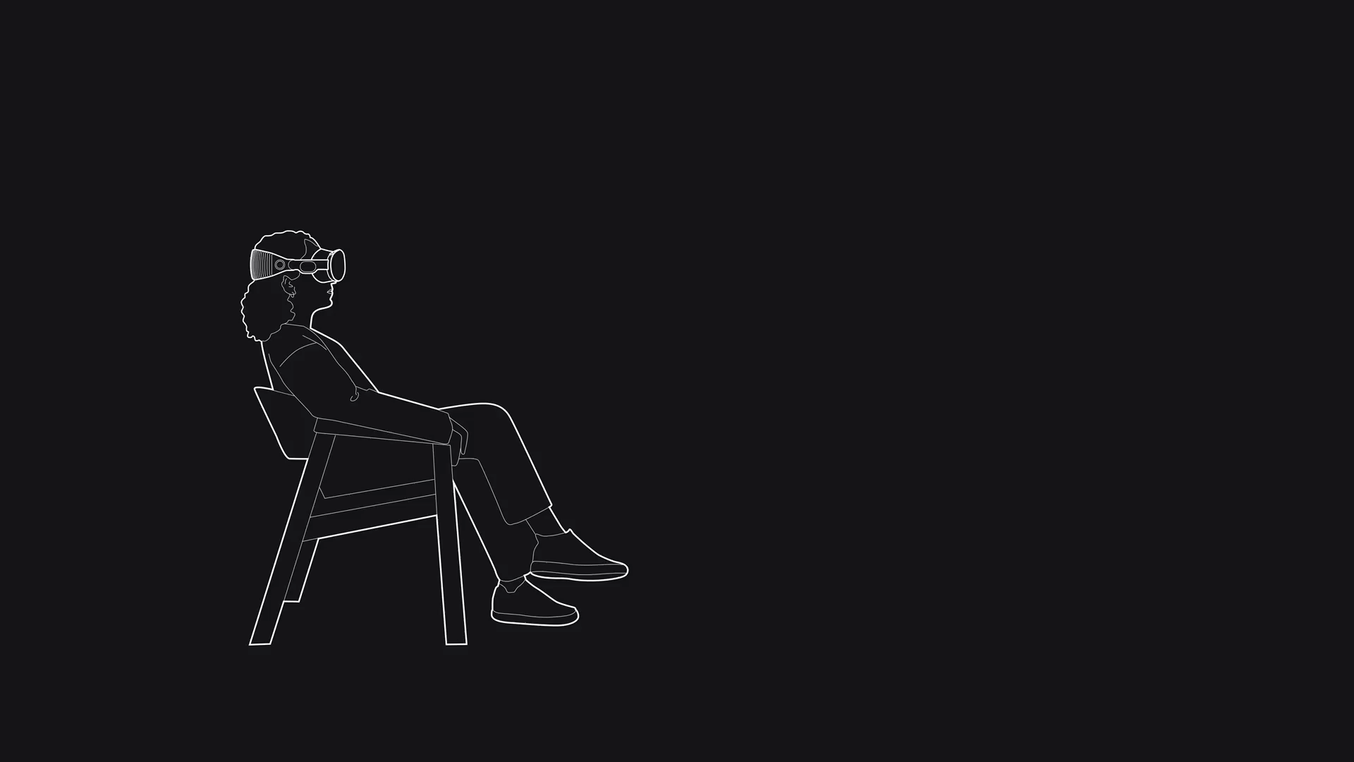 An animation of a person wearing Apple Vision Pro and sitting upright in a chair. The person is directly facing a square that represents an app window in visionOS that's centered in the person's field of view. A dotted line animates from the person's eyes to the center of the window.
