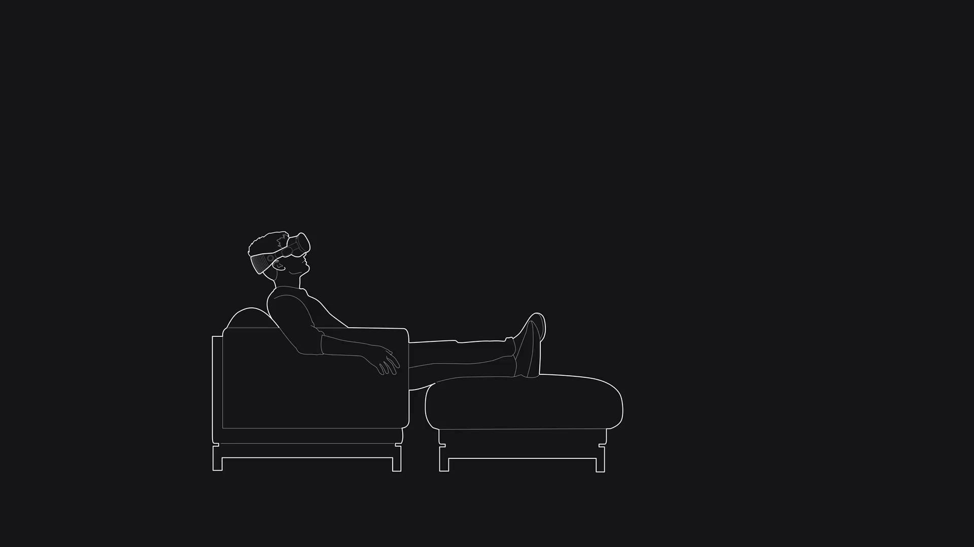 An animation of a person wearing Apple Vision Pro and reclining in a chair. The person is looking at a square that represents an app window in visionOS. The app window is positioned a short distance from the person, is raised in the air, and is tilted toward the person so it's centered within the person's field of view. A dotted line animates from the person's eyes to the center of the window.
