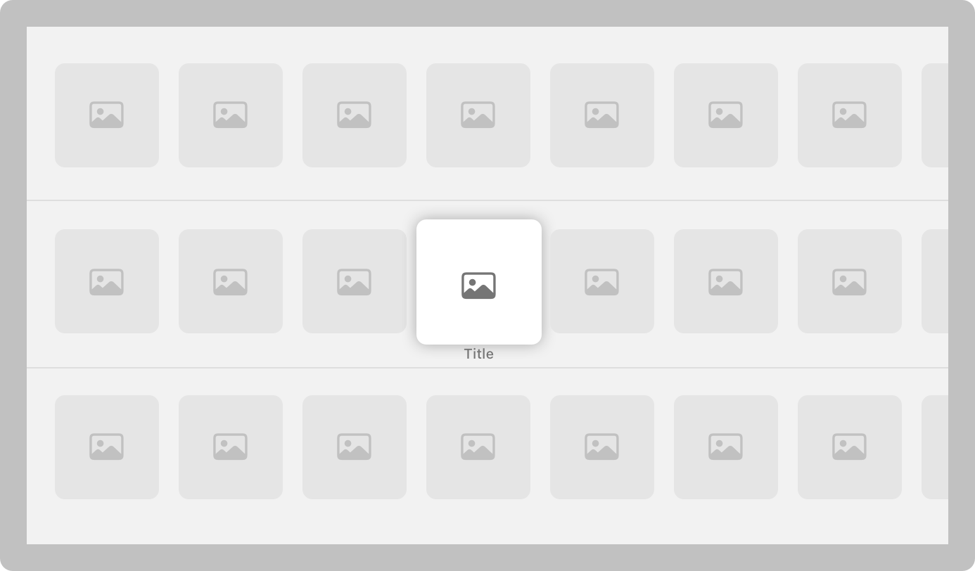An illustration of Apple TV, displaying a seven-column grid of media items. Additional media items are partially visible on the right side of the screen.