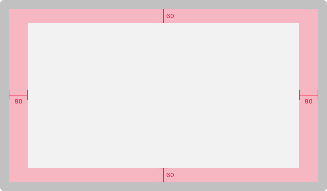 An illustration of a TV with a safe zone border on all sides. In width, the top and bottom borders measure 60 points, and the side borders both measure 80 points.