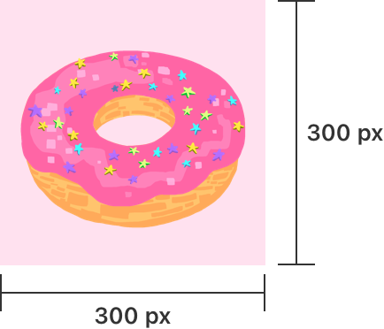An illustration of a donut, representing a product image. Horizontal and vertical lines extend along the bottom and right side of the image, and include labels that denote the illustration is 300 pixels wide by 300 pixels high.