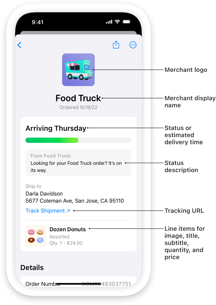 A screenshot of an order fulfillment screen for a food truck app on iPhone. The screen displays information about an order placed, and includes a status bar, shipping address, list of items ordered, and additional order details. Callouts identify different fields on the screen, including the merchant logo and display name, the order status and description, the tracking link, and various line items.