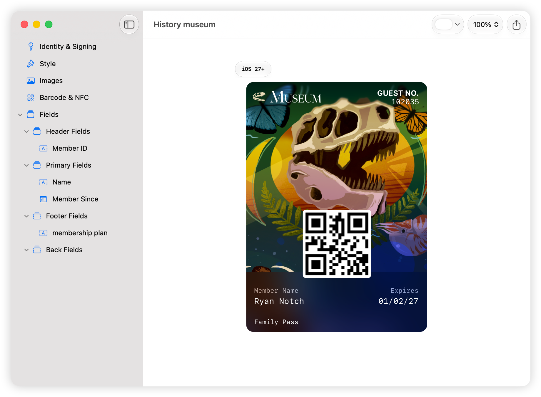 A screenshot of Pass Designer on Mac showing a preview of a museum poster generic pass with an illustration featuring a dinosaur skull, butterflies, and marine creatures, along with member details and a QR code.