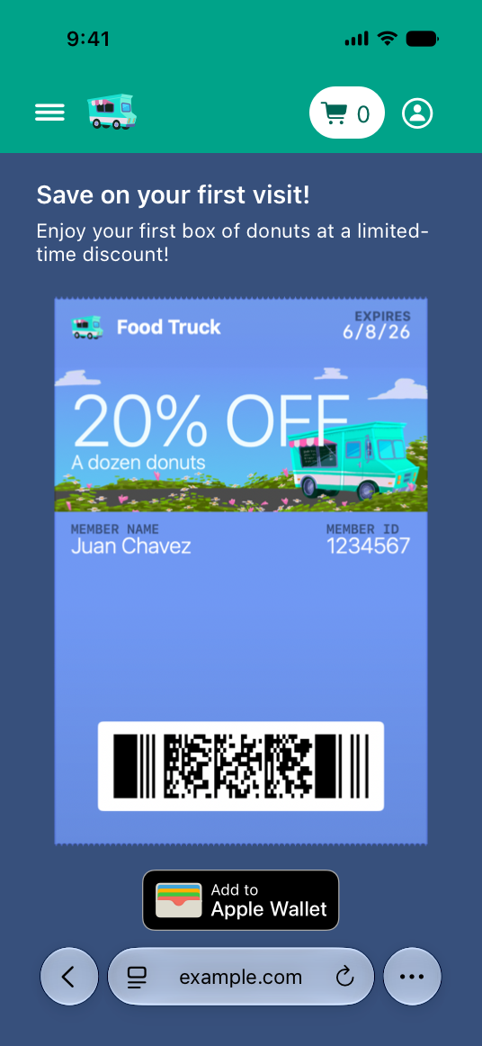 A screenshot of a food truck app on iPhone displaying a coupon pass offering 20% off a dozen donuts, with an Add to Apple Wallet button below the pass.