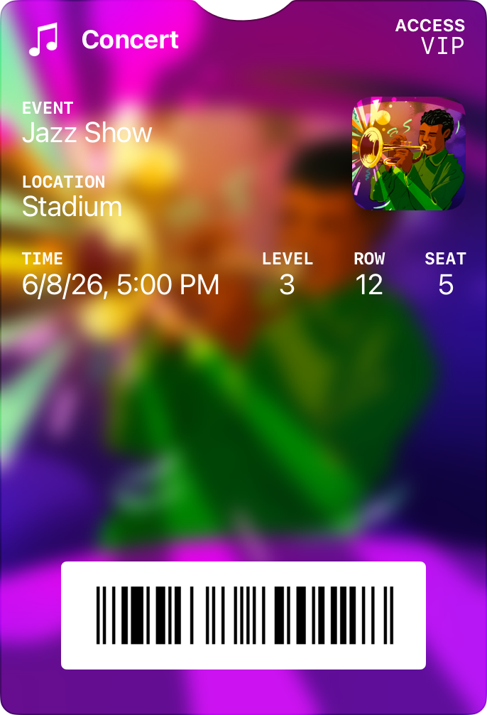 A concert ticket pass with an image background and label text that's difficult to distinguish from the background.