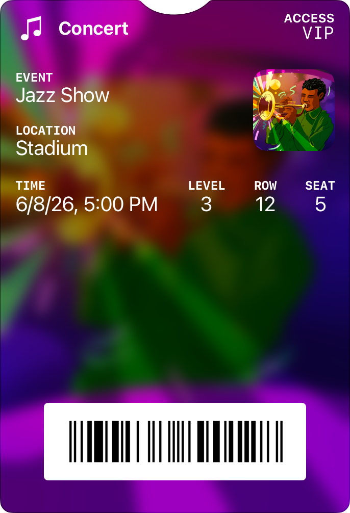 A concert ticket pass with an image background and white label text that's clearly legible against the background.
