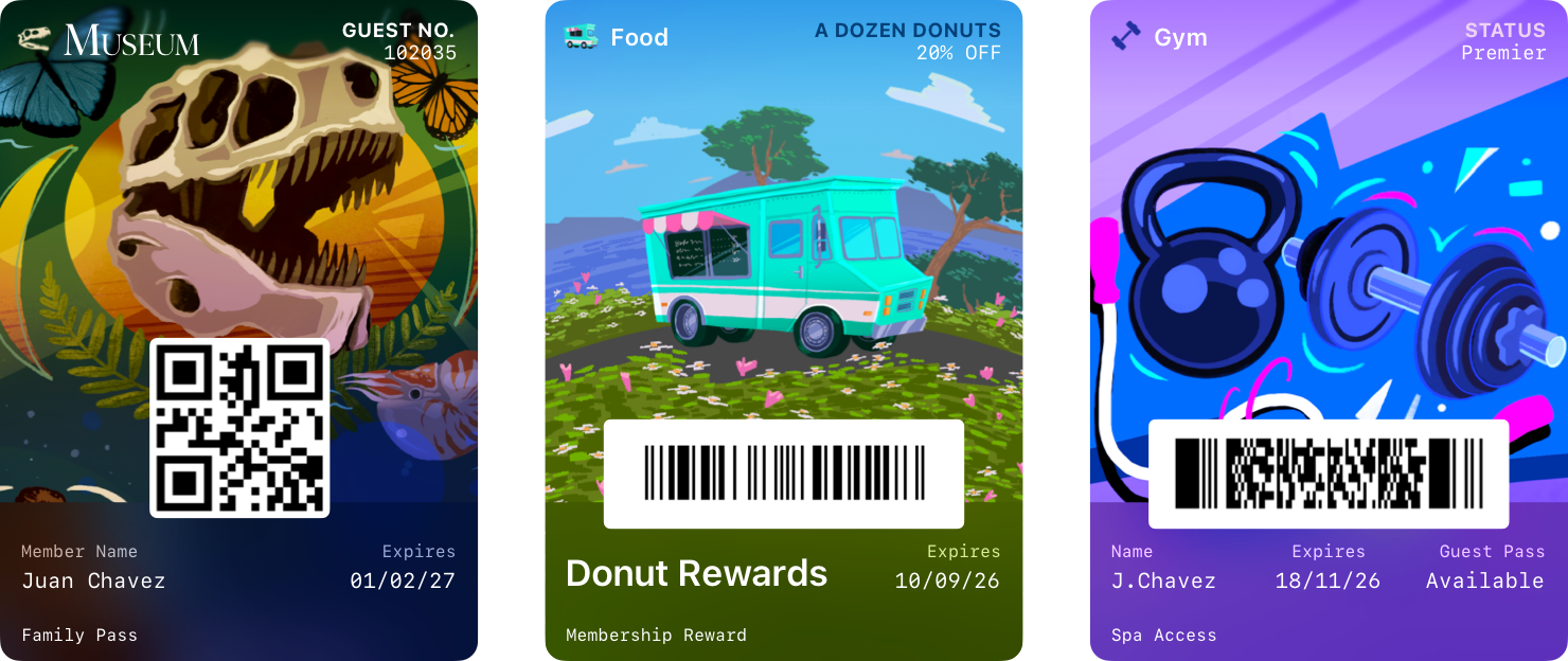 Three Wallet passes displayed side by side, including a museum membership pass with a dinosaur skull background, a coupon pass for a discount on donuts with a food truck illustration, and a gym pass with a gym equipment background.