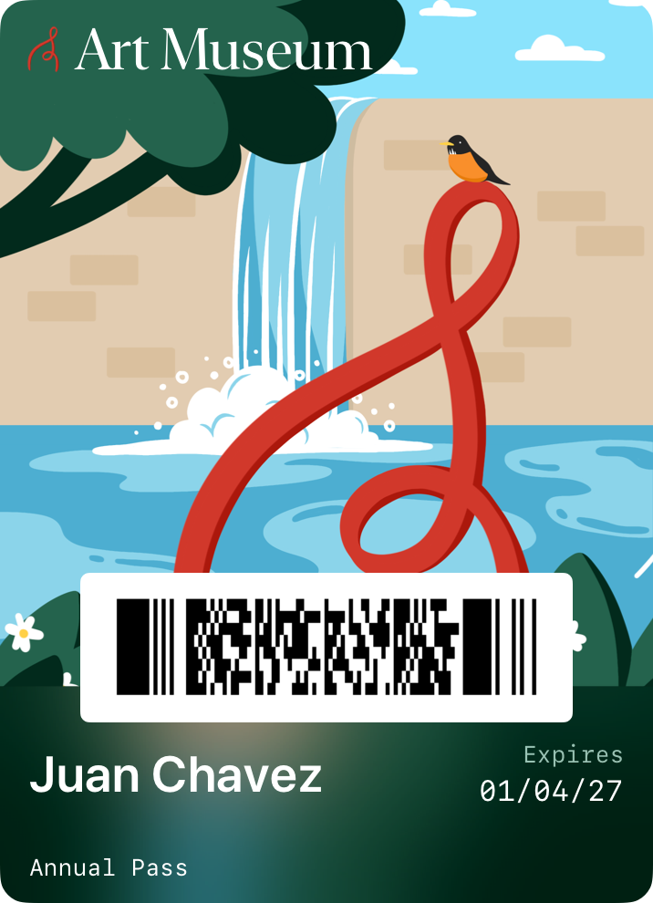 An art museum poster generic pass with a full-art background illustration of a waterfall scene, with a barcode and member details at the bottom.