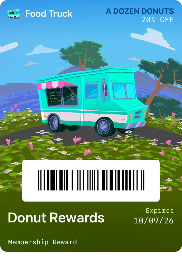 A food truck coupon pass with a background illustration of a food truck in an outdoor setting, a barcode overlaid on the illustration, and coupon details at the top and bottom.