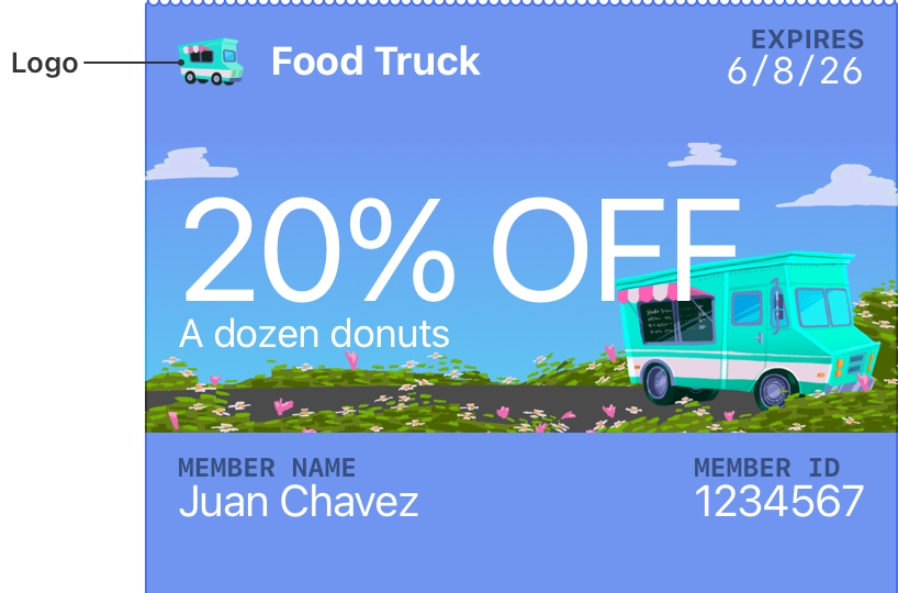 The top portion of a food truck coupon pass with a callout identifying the logo position in the top-left corner of the pass.