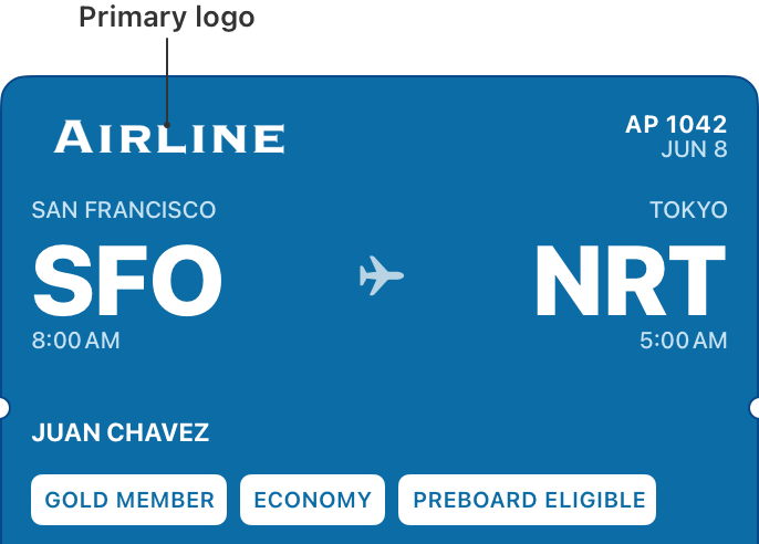 The top portion of an airline boarding pass with a callout identifying a rectangular text-based primary logo in the top-left corner.