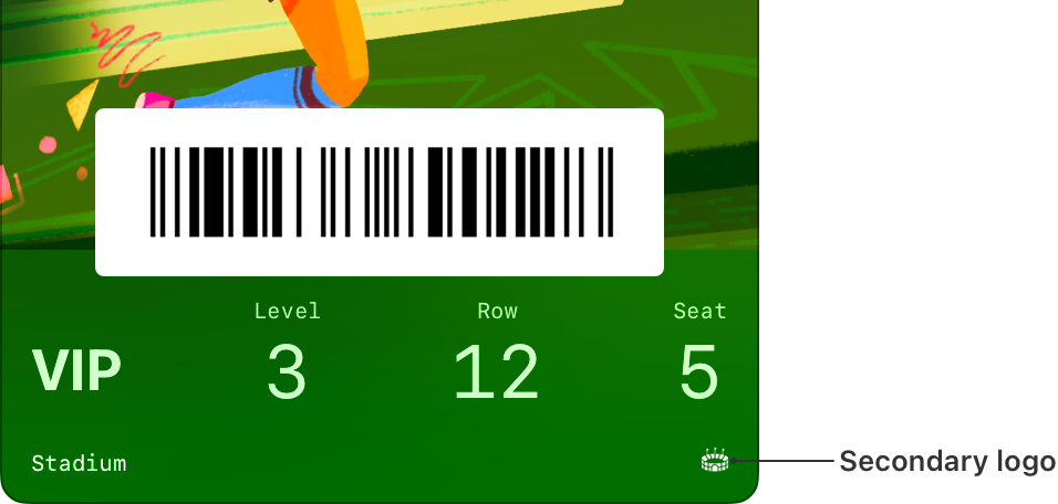 The bottom portion of a soccer event poster ticket with a callout identifying the secondary logo in the bottom-trailing corner.