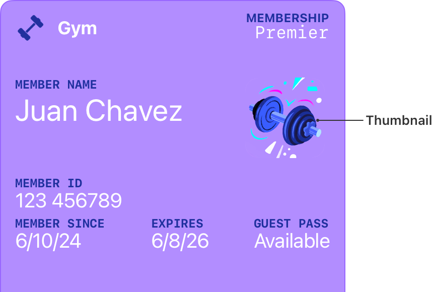 The top portion of a gym membership pass on a solid purple background with a callout identifying the thumbnail in the upper-trailing area of the pass.