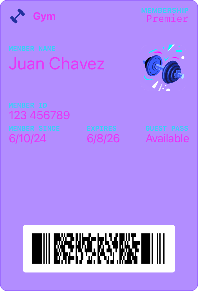 A gym membership pass with a solid purple background and label text that's difficult to distinguish from the background.