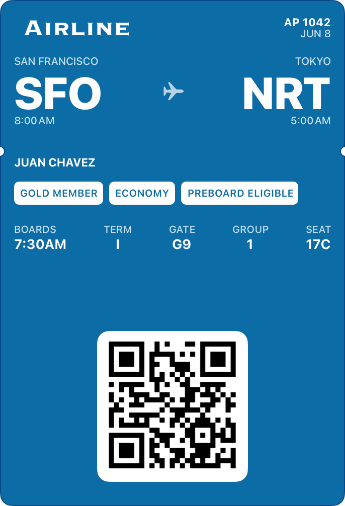 An airline boarding pass on a blue background for a flight from San Francisco (SFO) to Tokyo (NRT), displaying passenger details, boarding information, and a QR code.