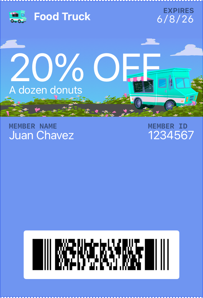 A food truck coupon pass with a strip image of a food truck across the upper portion and a solid blue background below, offering 20% off a dozen donuts, with member details and a barcode at the bottom.