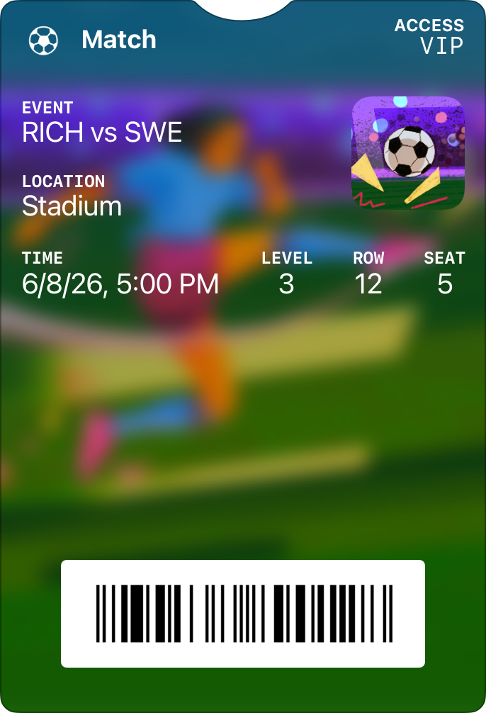A soccer event ticket with a blurred full-image background of a soccer player in motion, displaying event details, seat information, and a barcode at the bottom.