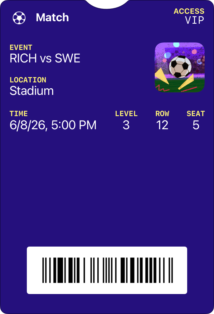 A soccer event ticket on a solid dark blue background, displaying event details, seat information, a thumbnail, and a barcode at the bottom.