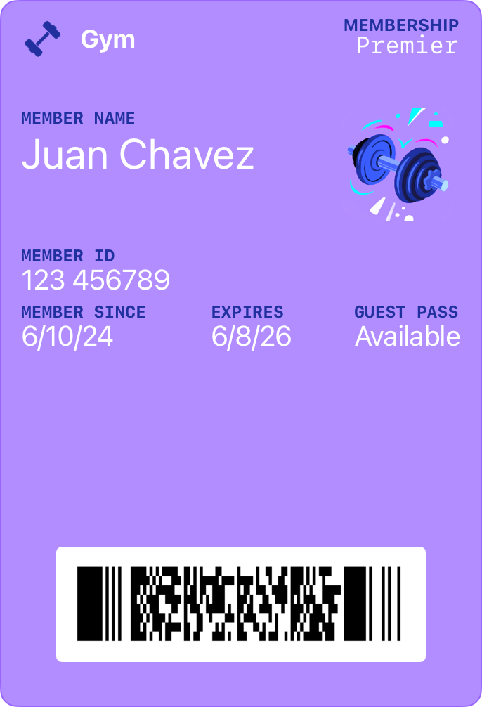 A gym membership generic pass on a solid purple background with a dumbbell thumbnail, member details, and a barcode at the bottom.