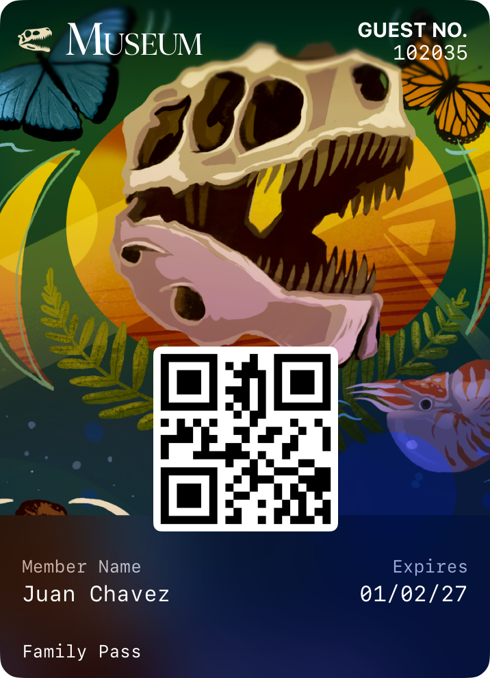A museum poster generic pass with a full-art illustration featuring a dinosaur skull, butterflies, and marine creatures, displaying member details and a QR code.