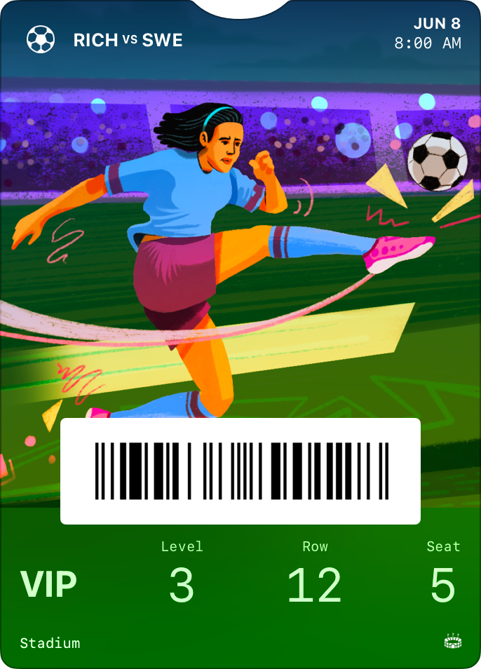 A soccer event poster ticket with an illustration of a soccer player kicking a ball in a stadium, displaying match details, seat information, and a barcode.