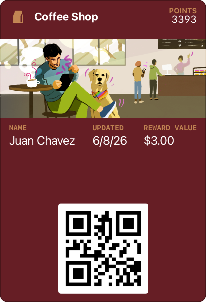 A coffee shop store card with a strip illustration of a coffee shop scene and a solid dark red background, displaying member name, points balance, reward value, and a QR code.