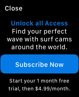A screenshot of the Ocean Journal app running on Apple Watch, and displaying a modal view that describes a benefit of subscribing. Below the description area is a Subscribe Now button with subscription terms below it.