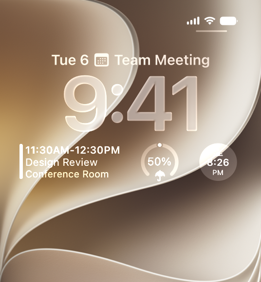 A partial screenshot of the Lock Screen on iPhone that shows a Calendar widget and two Weather widgets below the time. From the left, the widgets are an inline text widget and two circular widgets.