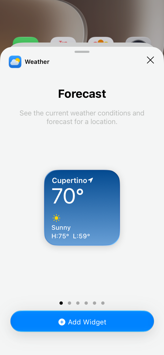 An illustration that represents the widget gallery open to the small widget for the Weather app. Below the widget is a page control showing that this is the first page of six; below the page control is a button that uses the Weather app's blue accent color.